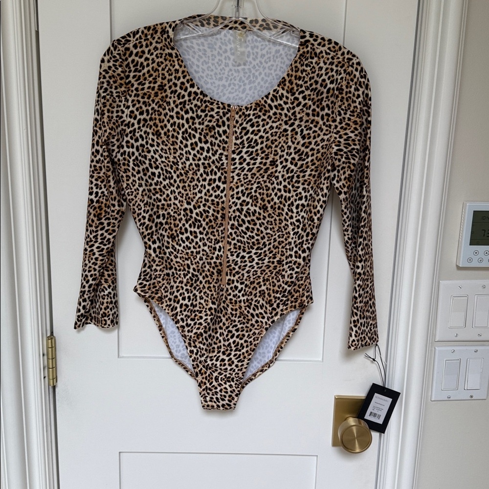 Norma Kamali Leopard‎ Print Rashguard Bodysuit!